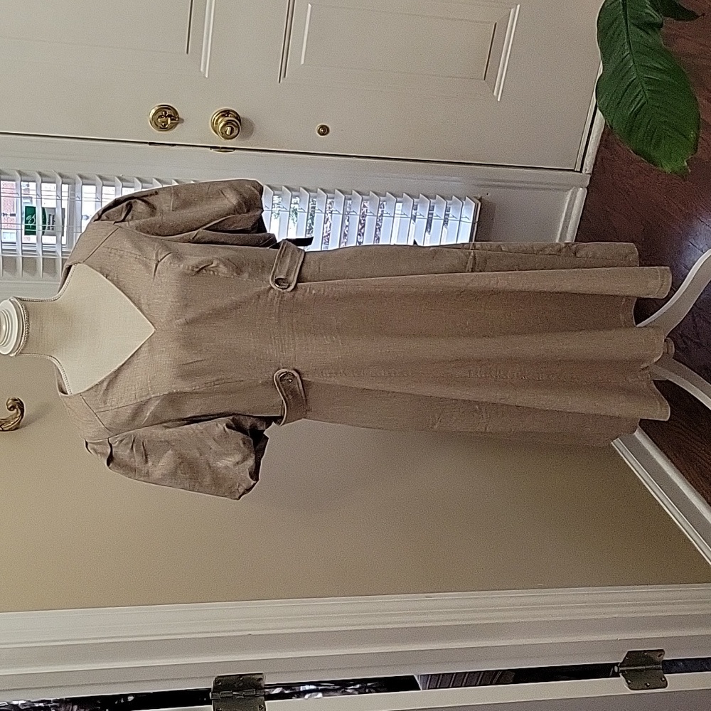 New York & Co tan Vneck dress puff sleeve fit waist A-line maxi pockets L New…